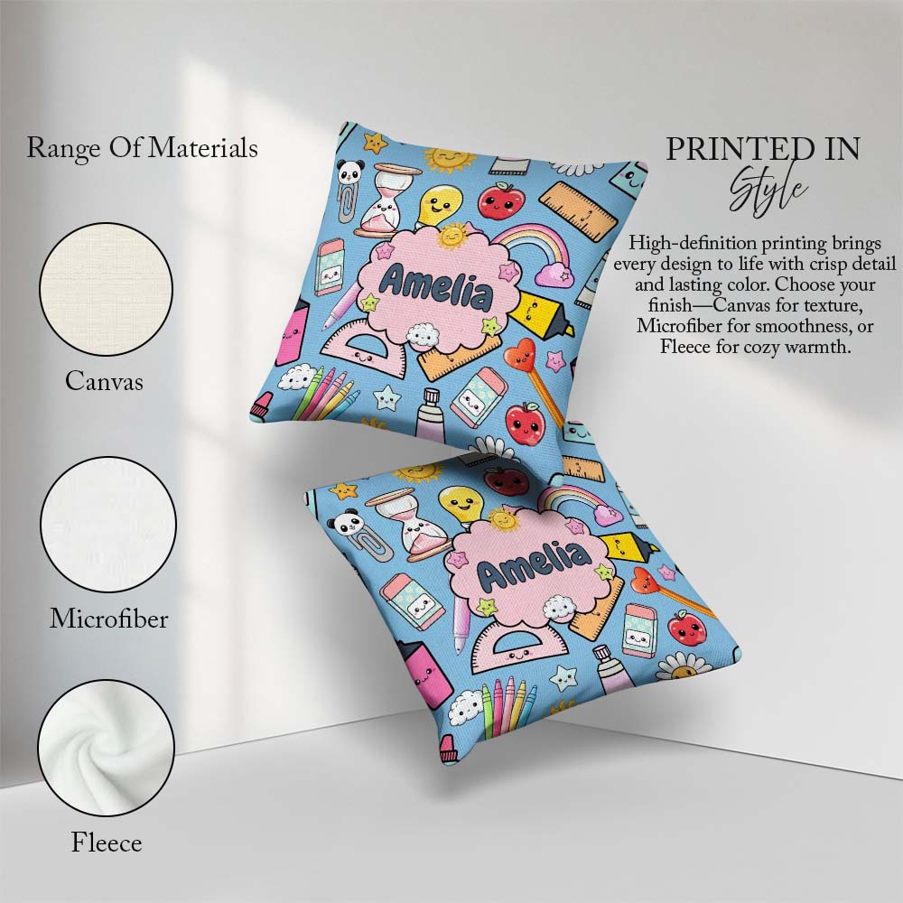 Custom Name Cute Kawaii School Supplies Glue Ruler Rainbow Apple Square Filled Cushion Throw Pillow Sofa Bed Home Decor Zip Washable UK Made