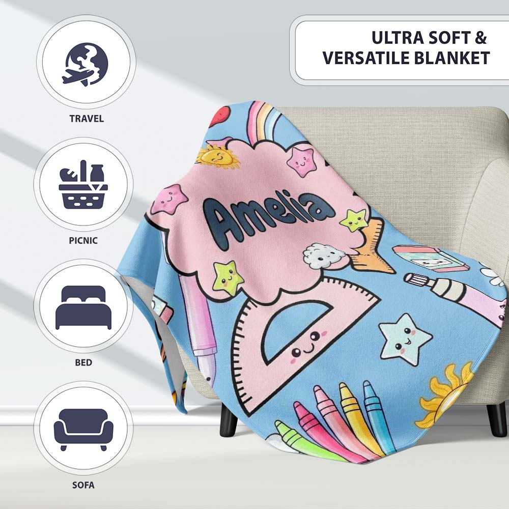 Cute Kawaii School Supplies Glue Ruler Rainbow Apple Seamless  Personalised Custom Name Super Soft Fleece Blanket Bed Sofa Throw