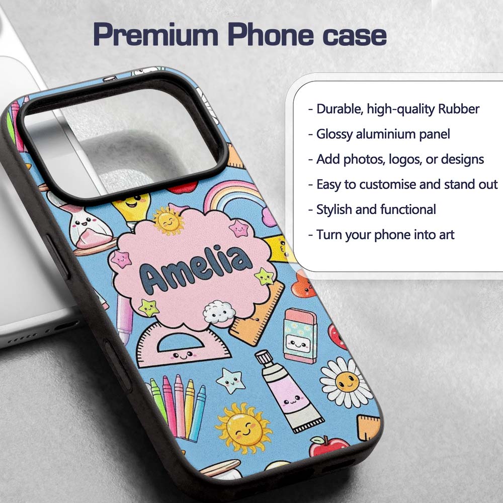 Cute Kawaii School Supplies Glue Ruler Rainbow Custom Name Protective Phone Case Mobile Cover Durable Everyday Smartphone Shock Resistant