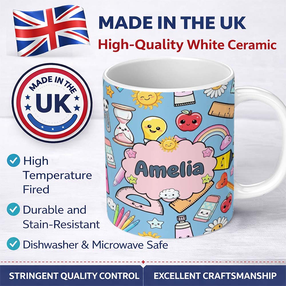 Personalized Custom Name Cute Kawaii School Supplies Glue Ruler Rainbow Apple Seamless 11oz Ceramic Coffee Tea Mug White Large Handle