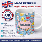 Personalized Custom Name Cute Kawaii School Supplies Glue Ruler Rainbow Apple Seamless 11oz Ceramic Coffee Tea Mug White Large Handle