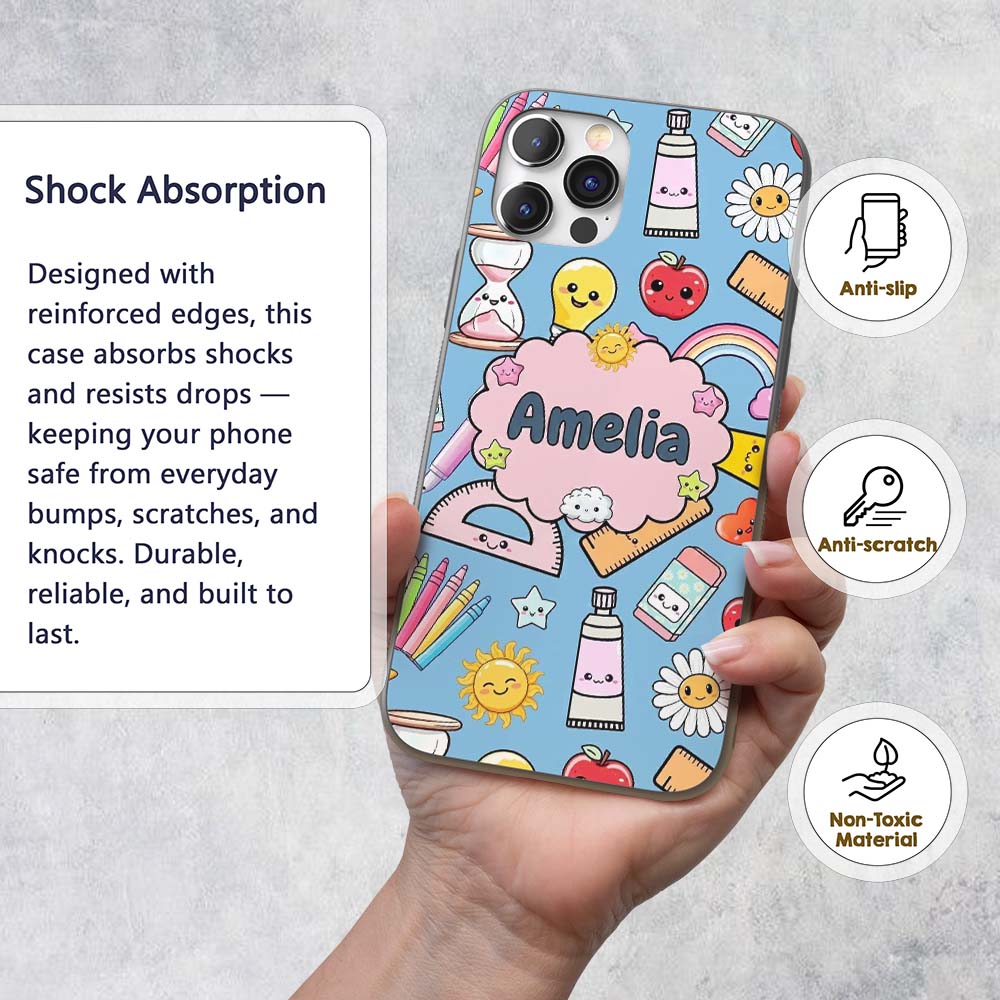 Cute Kawaii School Supplies Glue Ruler Rainbow Custom Name Protective Phone Case Mobile Cover Durable Everyday Smartphone Shock Resistant