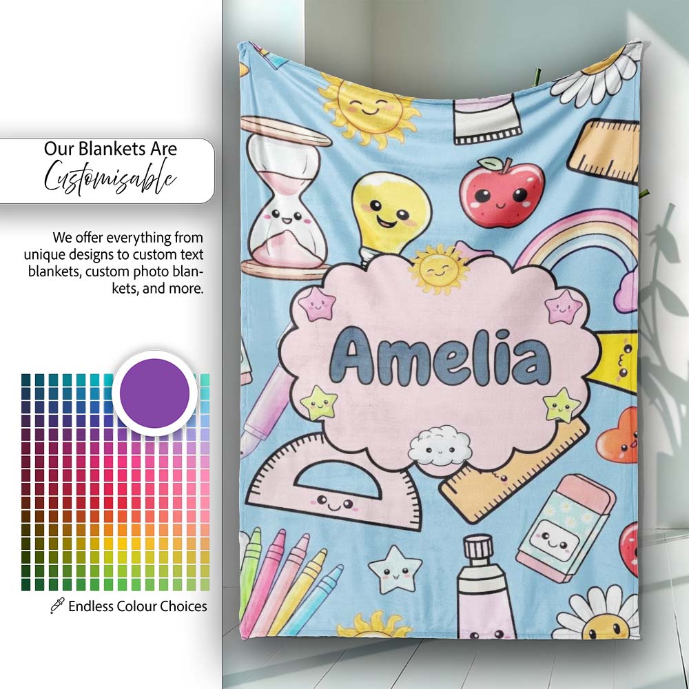 Cute Kawaii School Supplies Glue Ruler Rainbow Apple Seamless  Personalised Custom Name Super Soft Fleece Blanket Bed Sofa Throw