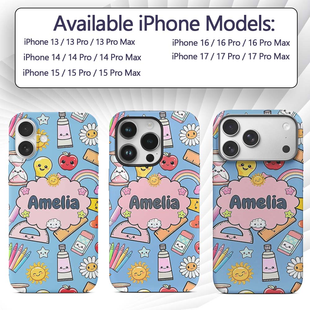 Cute Kawaii School Supplies Glue Ruler Rainbow Custom Name Protective Phone Case Mobile Cover Durable Everyday Smartphone Shock Resistant