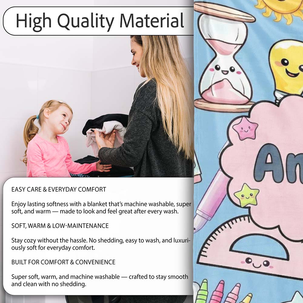 Cute Kawaii School Supplies Glue Ruler Rainbow Apple Seamless  Personalised Custom Name Super Soft Fleece Blanket Bed Sofa Throw