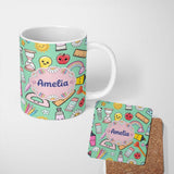 Personalized Custom Name Cute Kawaii School Supplies Glue Ruler Rainbow Apple Green Seamless 11oz Ceramic Coffee Tea Mug White Large Handle