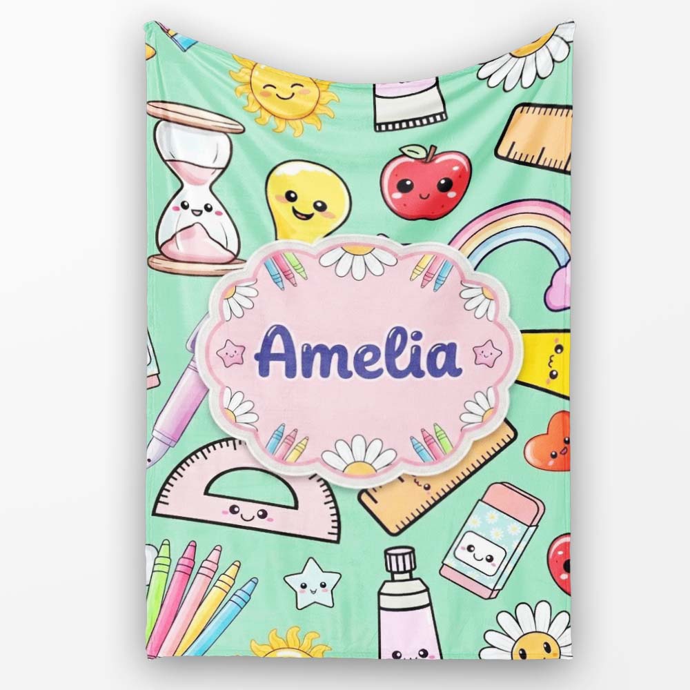 Cute Kawaii School Supplies Glue Ruler Rainbow Apple Green Seamless  Personalised Custom Name Super Soft Fleece Blanket Bed Sofa Throw