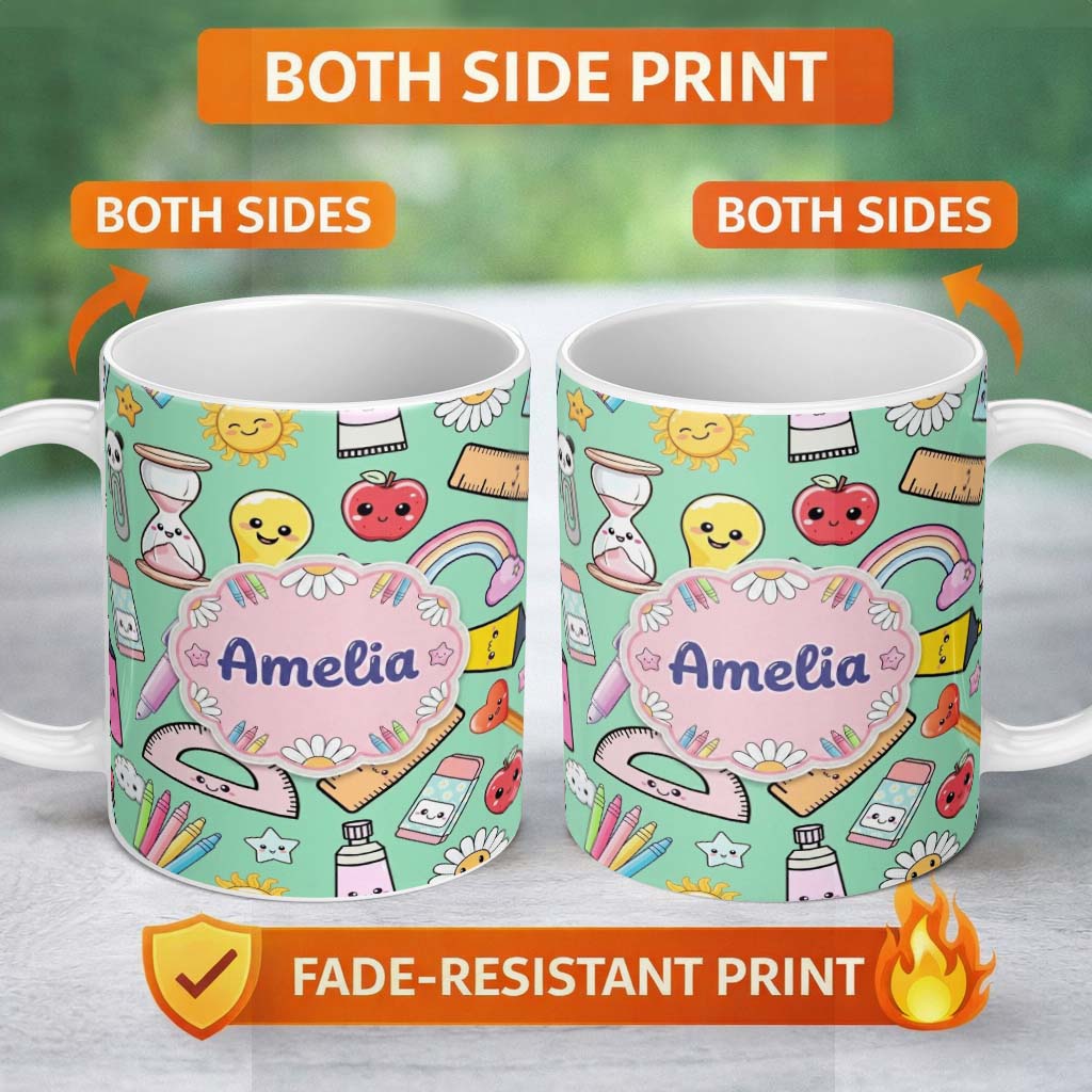 Personalized Custom Name Cute Kawaii School Supplies Glue Ruler Rainbow Apple Green Seamless 11oz Ceramic Coffee Tea Mug White Large Handle