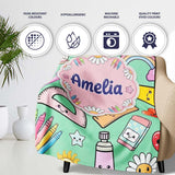 Cute Kawaii School Supplies Glue Ruler Rainbow Apple Green Seamless  Personalised Custom Name Super Soft Fleece Blanket Bed Sofa Throw