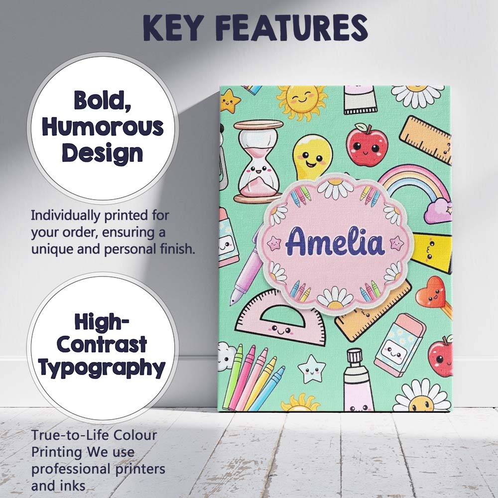 Personalised Name Cute Kawaii School Custom Premium Decorative Design Modern Room Accent Canvas Wall Art Print Decor Picture Ready to Hang