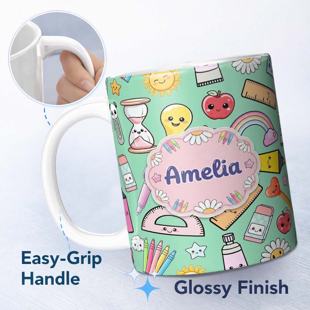 Personalized Custom Name Cute Kawaii School Supplies Glue Ruler Rainbow Apple Green Seamless 11oz Ceramic Coffee Tea Mug White Large Handle
