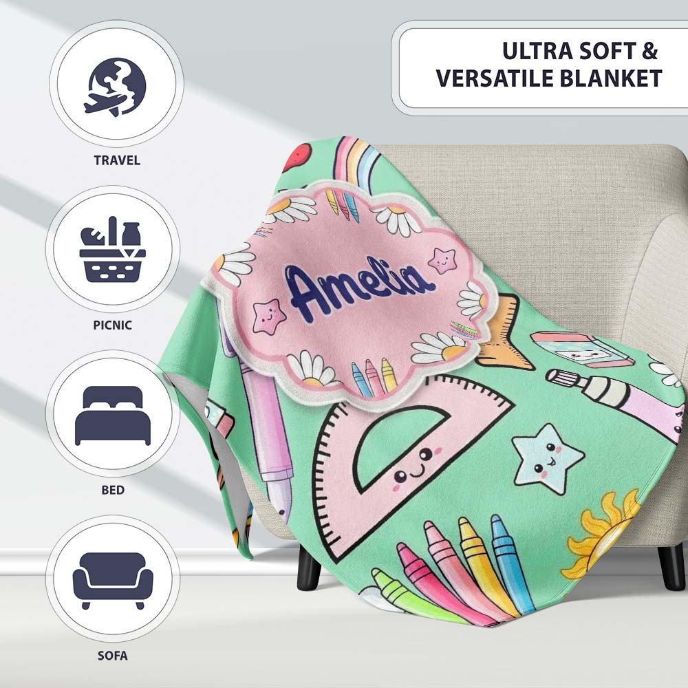 Cute Kawaii School Supplies Glue Ruler Rainbow Apple Green Seamless  Personalised Custom Name Super Soft Fleece Blanket Bed Sofa Throw