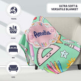 Cute Kawaii School Supplies Glue Ruler Rainbow Apple Green Seamless  Personalised Custom Name Super Soft Fleece Blanket Bed Sofa Throw