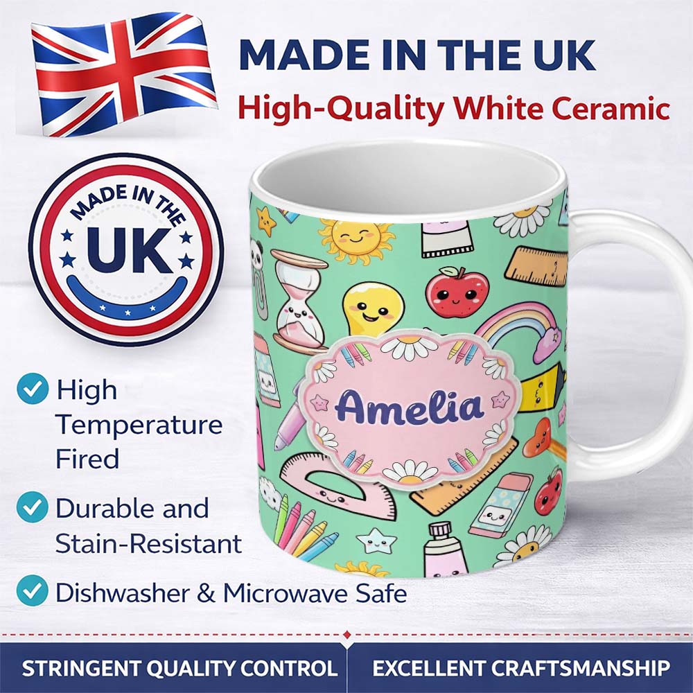 Personalized Custom Name Cute Kawaii School Supplies Glue Ruler Rainbow Apple Green Seamless 11oz Ceramic Coffee Tea Mug White Large Handle