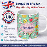 Personalized Custom Name Cute Kawaii School Supplies Glue Ruler Rainbow Apple Green Seamless 11oz Ceramic Coffee Tea Mug White Large Handle