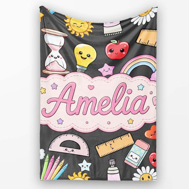 Cute Kawaii School Supplies Rainbow Apple Glue Pen Ruler Seamless  Personalised Custom Name Super Soft Fleece Blanket Bed Sofa Throw