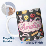 Personalized Custom Name Cute Kawaii School Supplies Rainbow Apple Glue Pen Ruler Seamless 11oz Ceramic Coffee Tea Mug White Large Handle