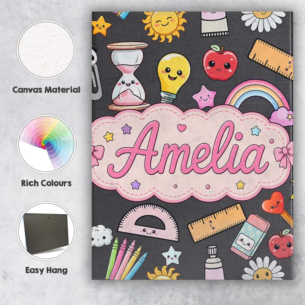 Personalised Name Cute Kawaii School Custom Premium Decorative Design Modern Room Accent Canvas Wall Art Print Decor Picture Ready to Hang