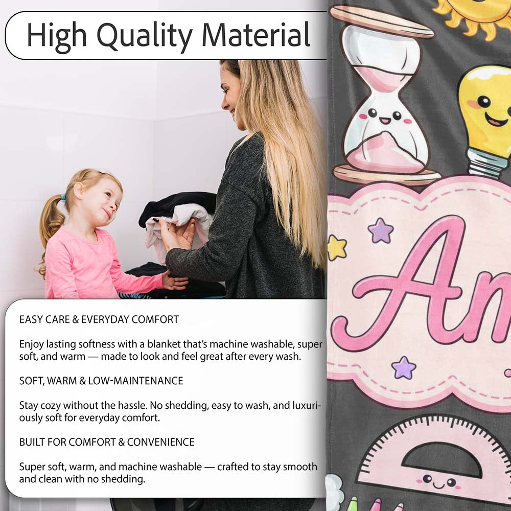 Cute Kawaii School Supplies Rainbow Apple Glue Pen Ruler Seamless  Personalised Custom Name Super Soft Fleece Blanket Bed Sofa Throw
