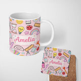 Personalized Custom Name School Supplies Pink Background Rainbow Apple Glue Pen Ruler 11oz Ceramic Coffee Tea Mug White Large Handle