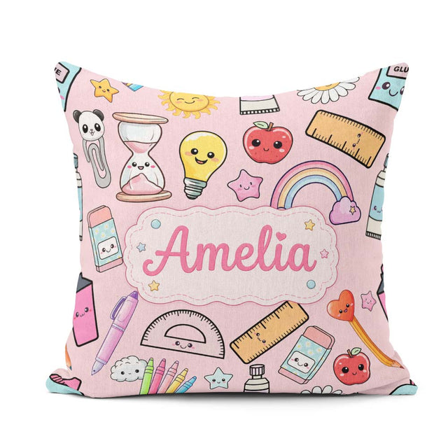 Custom Name School Supplies Pink Background Apple Glue Pen Ruler Square Filled Cushion Throw Pillow Sofa Bed Home Decor Zip Washable UK Made