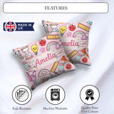 Custom Name School Supplies Pink Background Apple Glue Pen Ruler Square Filled Cushion Throw Pillow Sofa Bed Home Decor Zip Washable UK Made