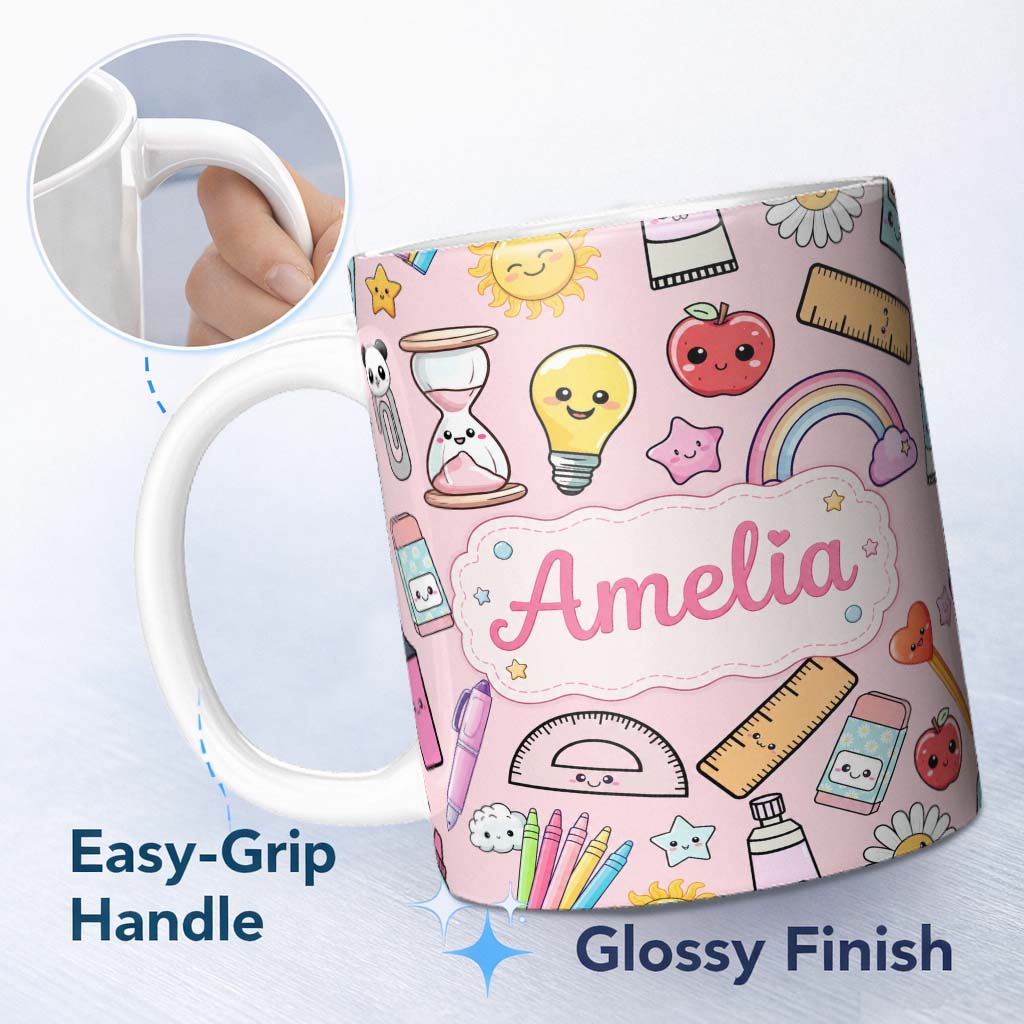 Personalized Custom Name School Supplies Pink Background Rainbow Apple Glue Pen Ruler 11oz Ceramic Coffee Tea Mug White Large Handle