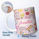 Personalized Custom Name School Supplies Pink Background Rainbow Apple Glue Pen Ruler 11oz Ceramic Coffee Tea Mug White Large Handle