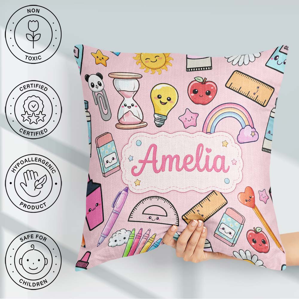 Custom Name School Supplies Pink Background Apple Glue Pen Ruler Square Filled Cushion Throw Pillow Sofa Bed Home Decor Zip Washable UK Made