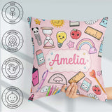 Custom Name School Supplies Pink Background Apple Glue Pen Ruler Square Filled Cushion Throw Pillow Sofa Bed Home Decor Zip Washable UK Made