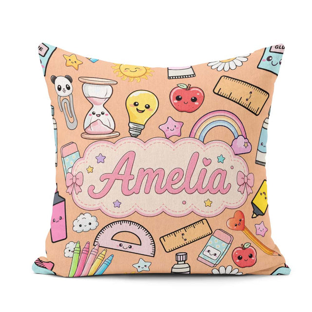 Custom Name School Peach Background Rainbow Apple Glue Pen Ruler Square Filled Cushion Throw Pillow Sofa Bed Home Decor Zip Washable UK Made