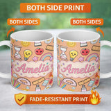 Personalized Custom Name School Supplies Peach Background Rainbow Apple Glue Pen Ruler 11oz Ceramic Coffee Tea Mug White Large Handle