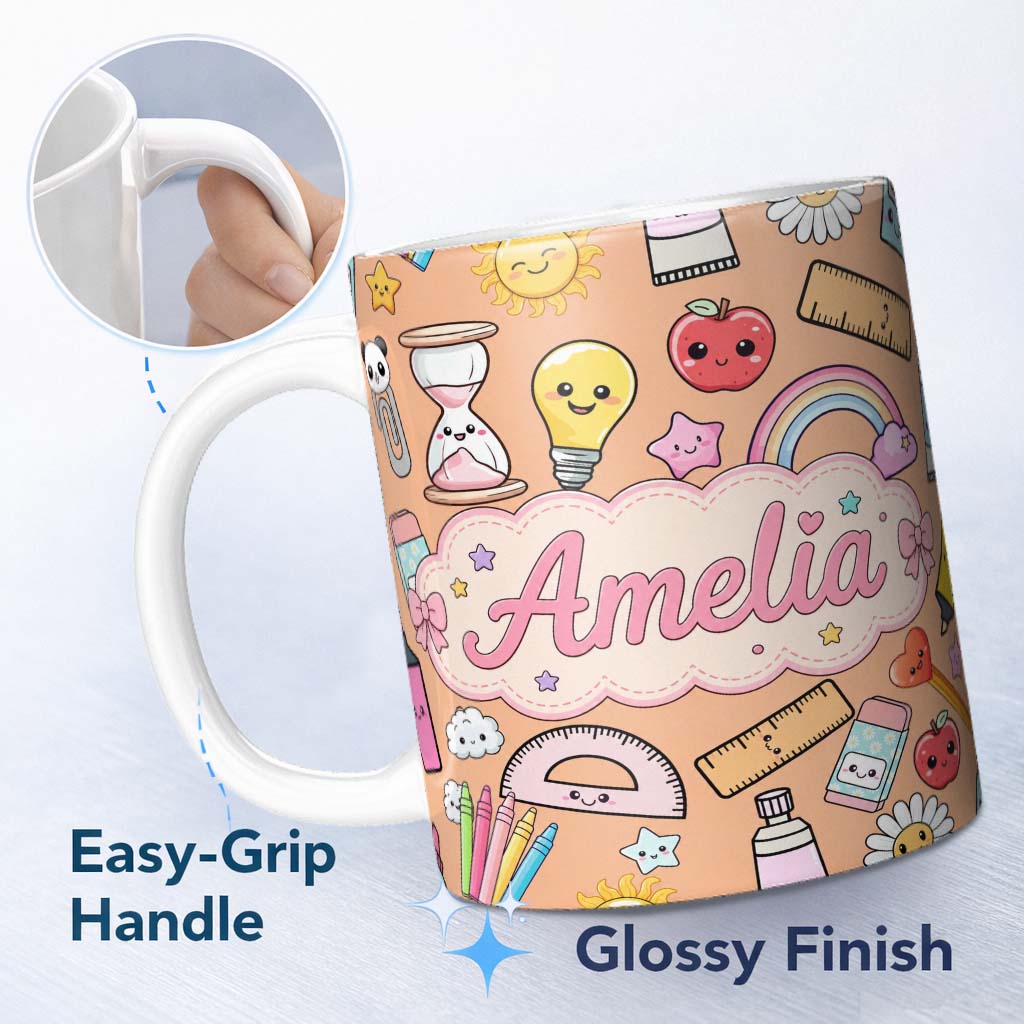Personalized Custom Name School Supplies Peach Background Rainbow Apple Glue Pen Ruler 11oz Ceramic Coffee Tea Mug White Large Handle