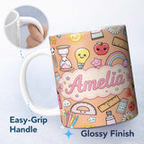 Personalized Custom Name School Supplies Peach Background Rainbow Apple Glue Pen Ruler 11oz Ceramic Coffee Tea Mug White Large Handle