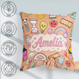 Custom Name School Peach Background Rainbow Apple Glue Pen Ruler Square Filled Cushion Throw Pillow Sofa Bed Home Decor Zip Washable UK Made