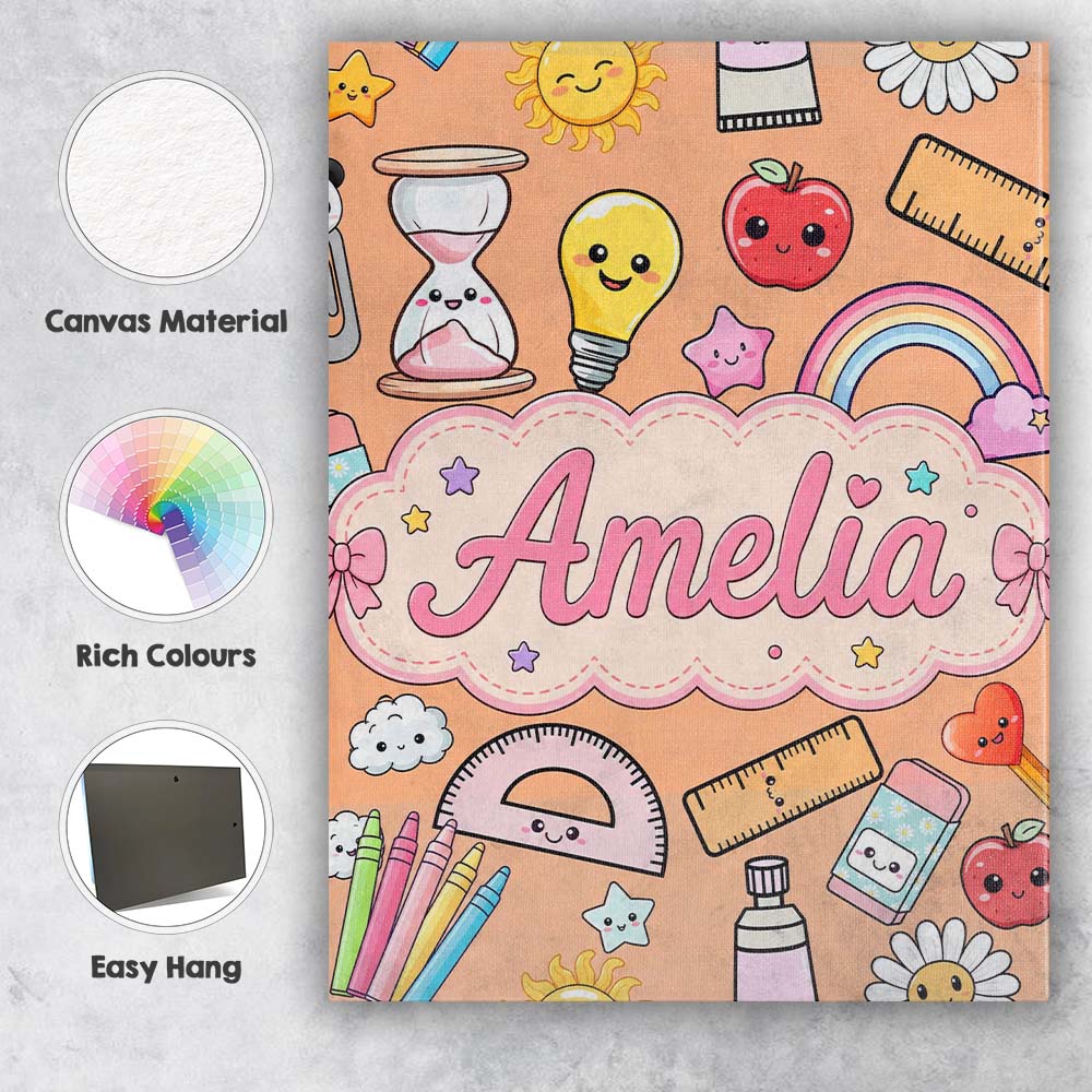 Personalised Name School Supplies Peach Custom  Modern Room Accent Elegant Feature Canvas Wall Art Print Decor Picture Ready to Hang