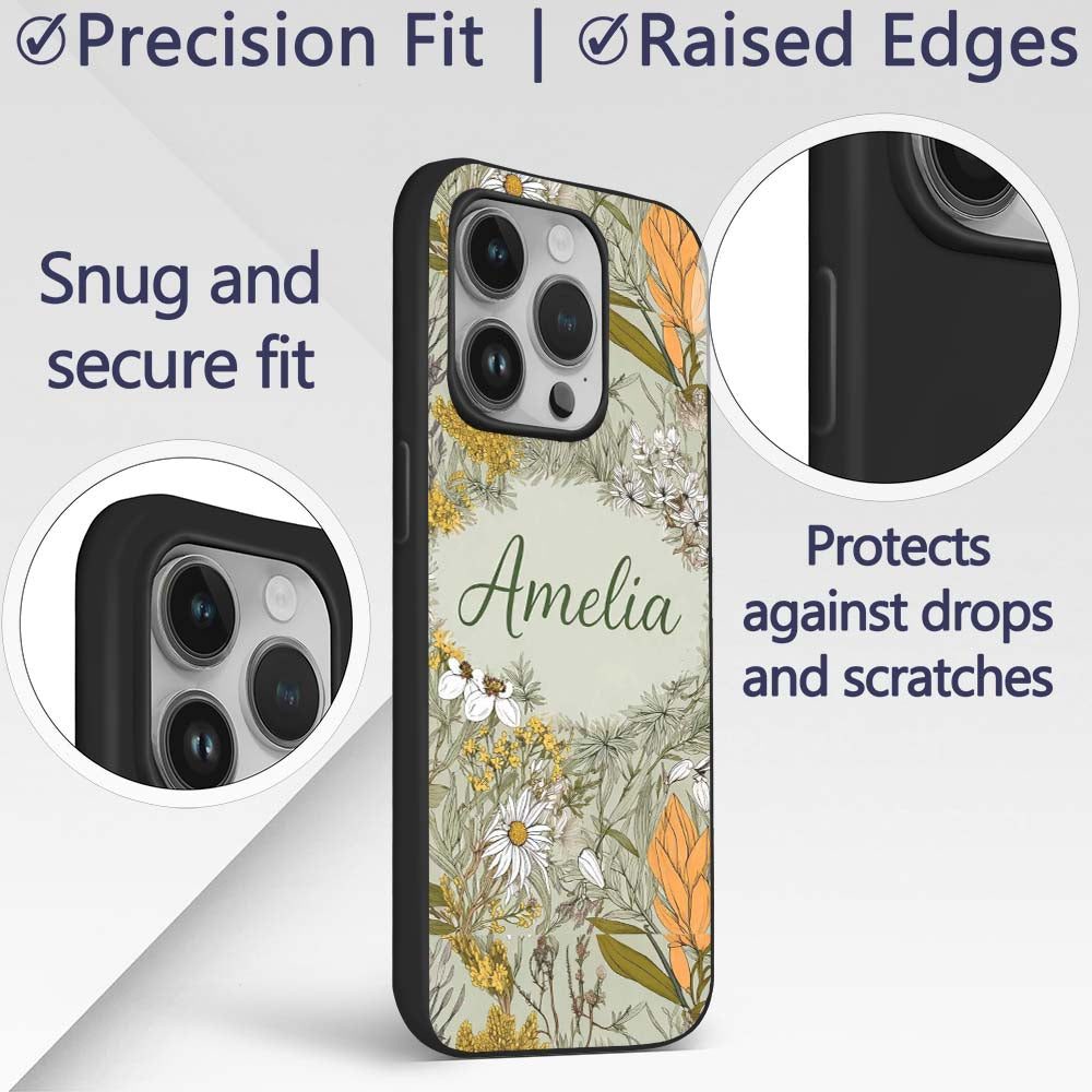 Vintage Botanical Floral Sage Green Detailed Custom Name Protective Phone Case Mobile Cover Durable Everyday Smartphone Shock Resistant