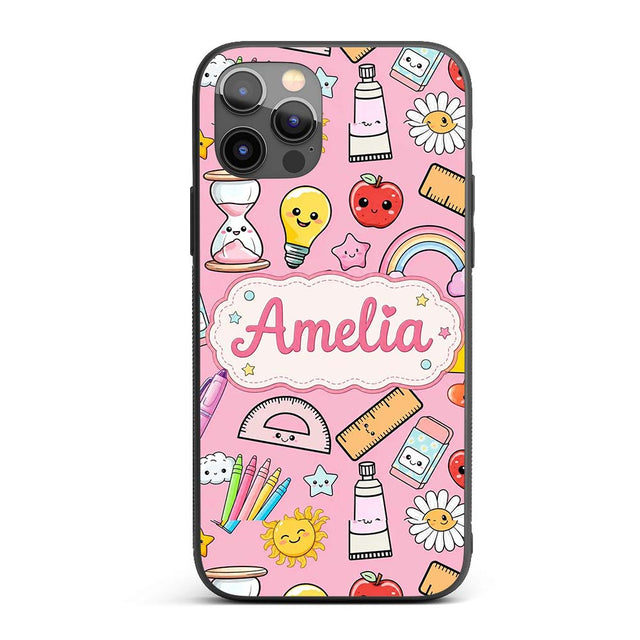 School Supplies Soft Pink Rainbow Apple Glue Pen Custom Name Protective Phone Case Mobile Cover Durable Everyday Smartphone Shock Resistant