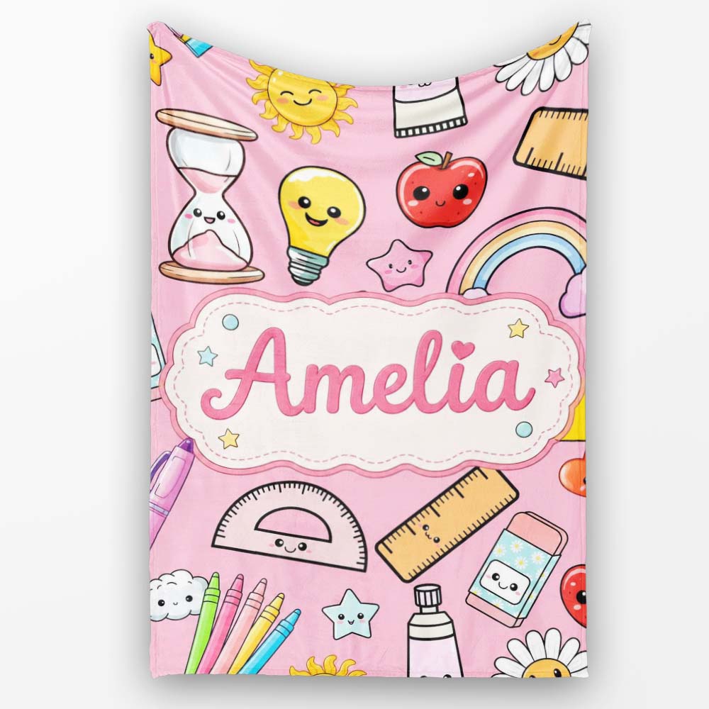 School Supplies Soft Pink Rainbow Apple Glue Pen Ruler Seamless  Personalised Custom Name Super Soft Fleece Blanket Bed Sofa Throw
