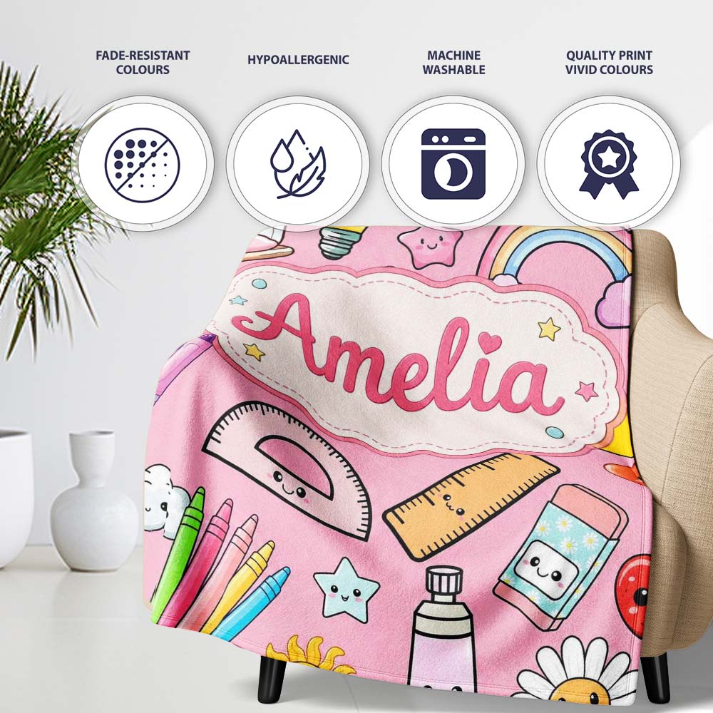 School Supplies Soft Pink Rainbow Apple Glue Pen Ruler Seamless  Personalised Custom Name Super Soft Fleece Blanket Bed Sofa Throw