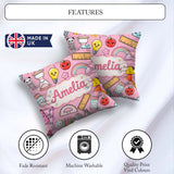 Custom Name School Supplies Soft Pink Rainbow Apple Pen Seamless Square Filled Cushion Throw Pillow Sofa Bed Home Decor Zip Washable UK Made