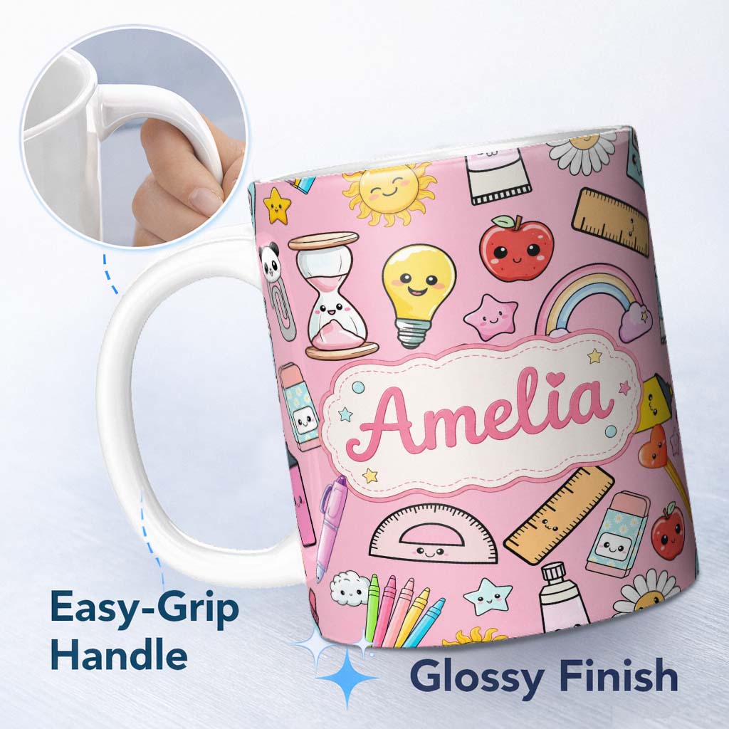 Personalized Custom Name School Supplies Soft Pink Rainbow Apple Glue Pen Ruler Seamless 11oz Ceramic Coffee Tea Mug White Large Handle