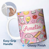 Personalized Custom Name School Supplies Soft Pink Rainbow Apple Glue Pen Ruler Seamless 11oz Ceramic Coffee Tea Mug White Large Handle