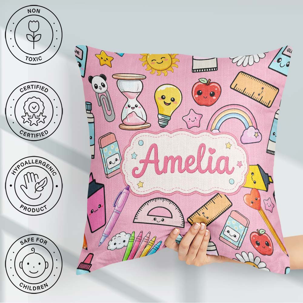 Custom Name School Supplies Soft Pink Rainbow Apple Pen Seamless Square Filled Cushion Throw Pillow Sofa Bed Home Decor Zip Washable UK Made