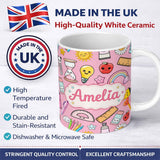 Personalized Custom Name School Supplies Soft Pink Rainbow Apple Glue Pen Ruler Seamless 11oz Ceramic Coffee Tea Mug White Large Handle
