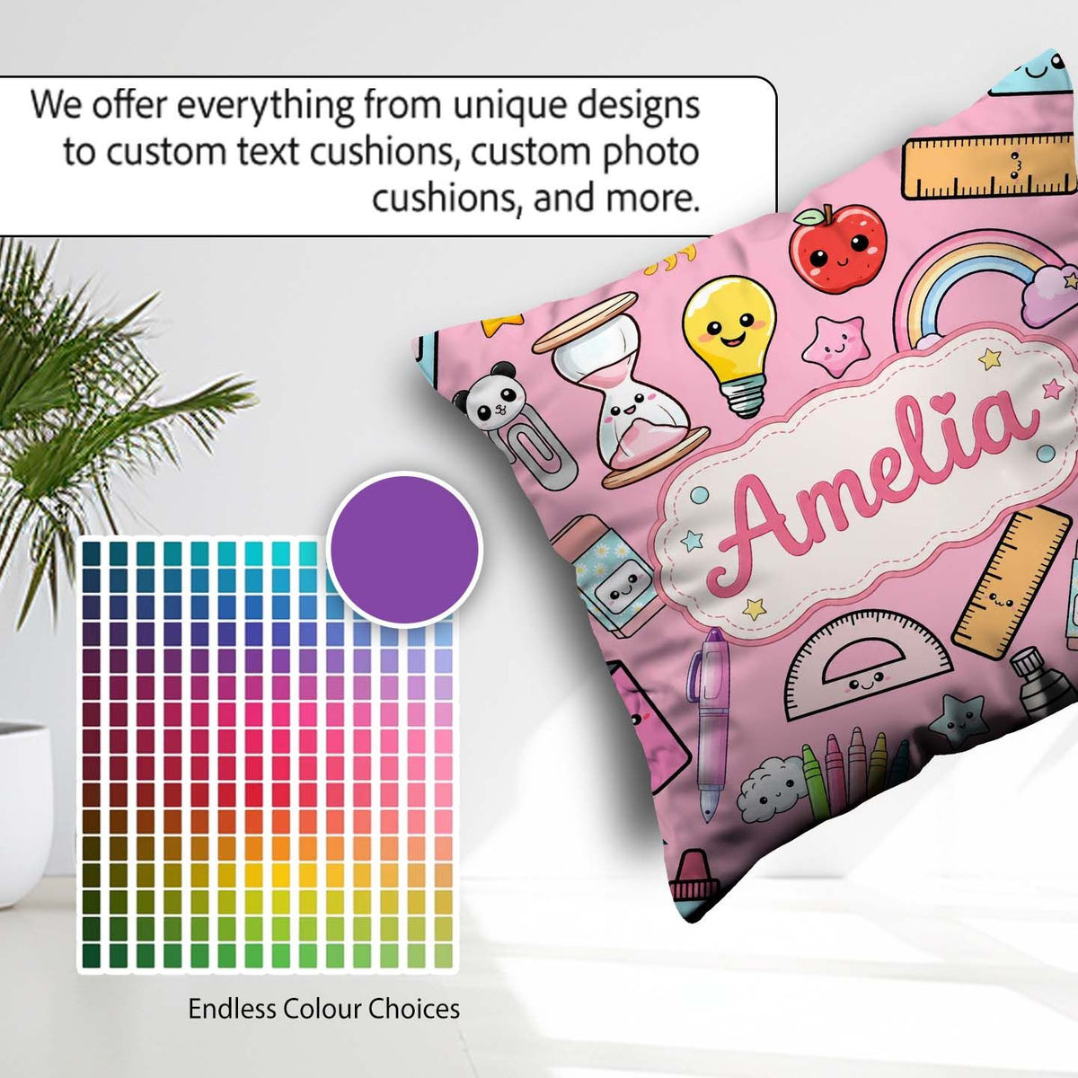Custom Name School Supplies Soft Pink Rainbow Apple Pen Seamless Square Filled Cushion Throw Pillow Sofa Bed Home Decor Zip Washable UK Made