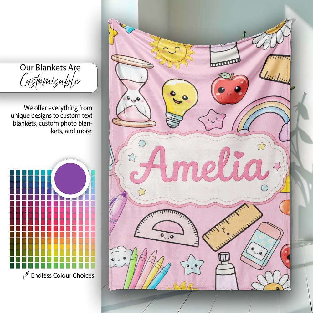School Supplies Soft Pink Rainbow Apple Glue Pen Ruler Seamless  Personalised Custom Name Super Soft Fleece Blanket Bed Sofa Throw