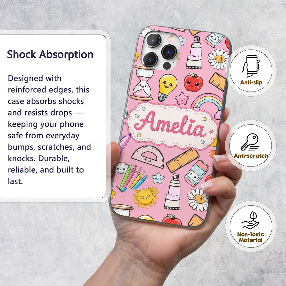 School Supplies Soft Pink Rainbow Apple Glue Pen Custom Name Protective Phone Case Mobile Cover Durable Everyday Smartphone Shock Resistant
