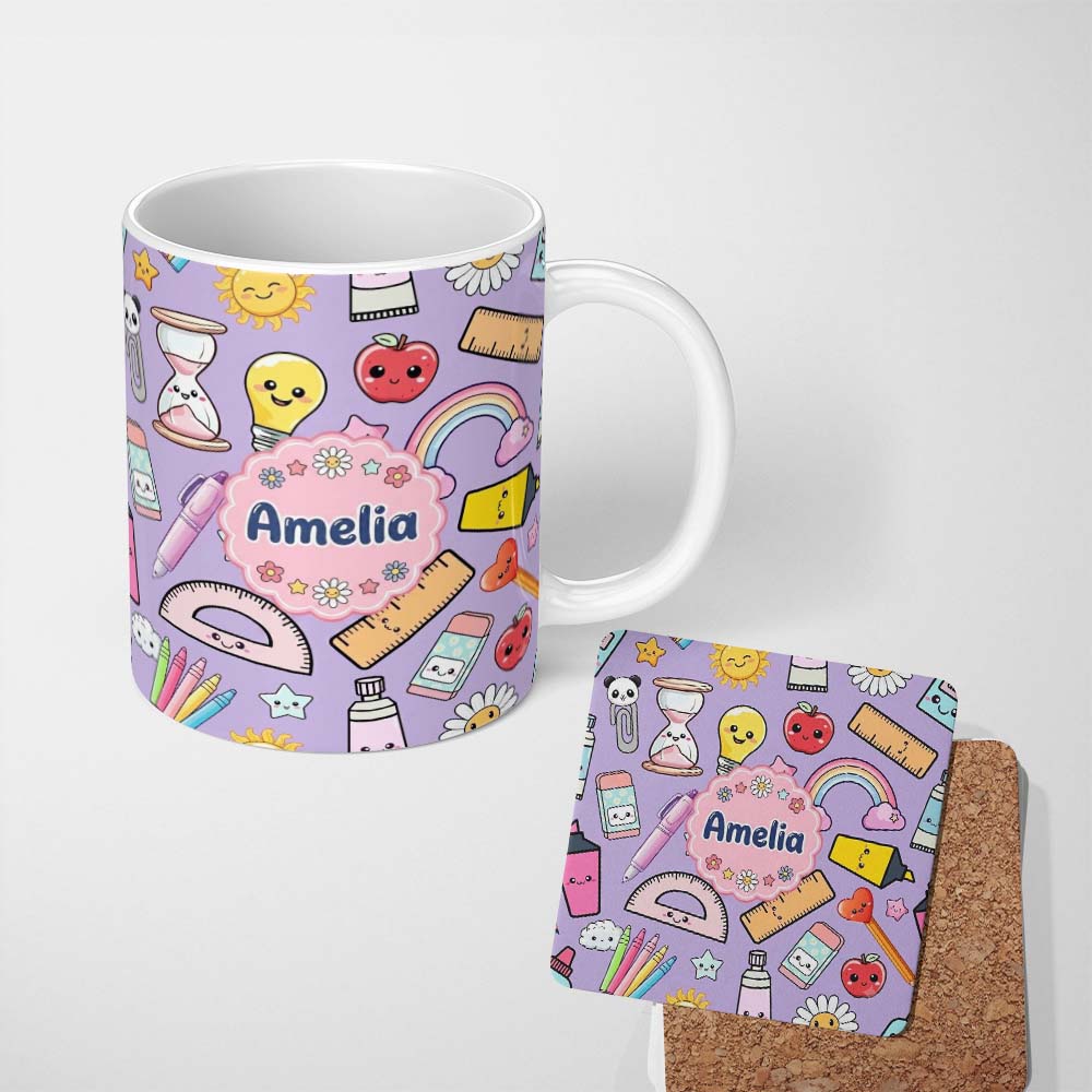Personalized Custom Name School Supplies Purple Background Rainbow Apple Glue Pen Ruler 11oz Ceramic Coffee Tea Mug White Large Handle