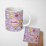 Personalized Custom Name School Supplies Purple Background Rainbow Apple Glue Pen Ruler 11oz Ceramic Coffee Tea Mug White Large Handle